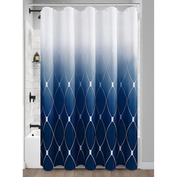 SPWIY Navy Blue and White Ombre Shower Curtain Set Geometric Waffle Fabric 72x72 - Picture 1 of 6